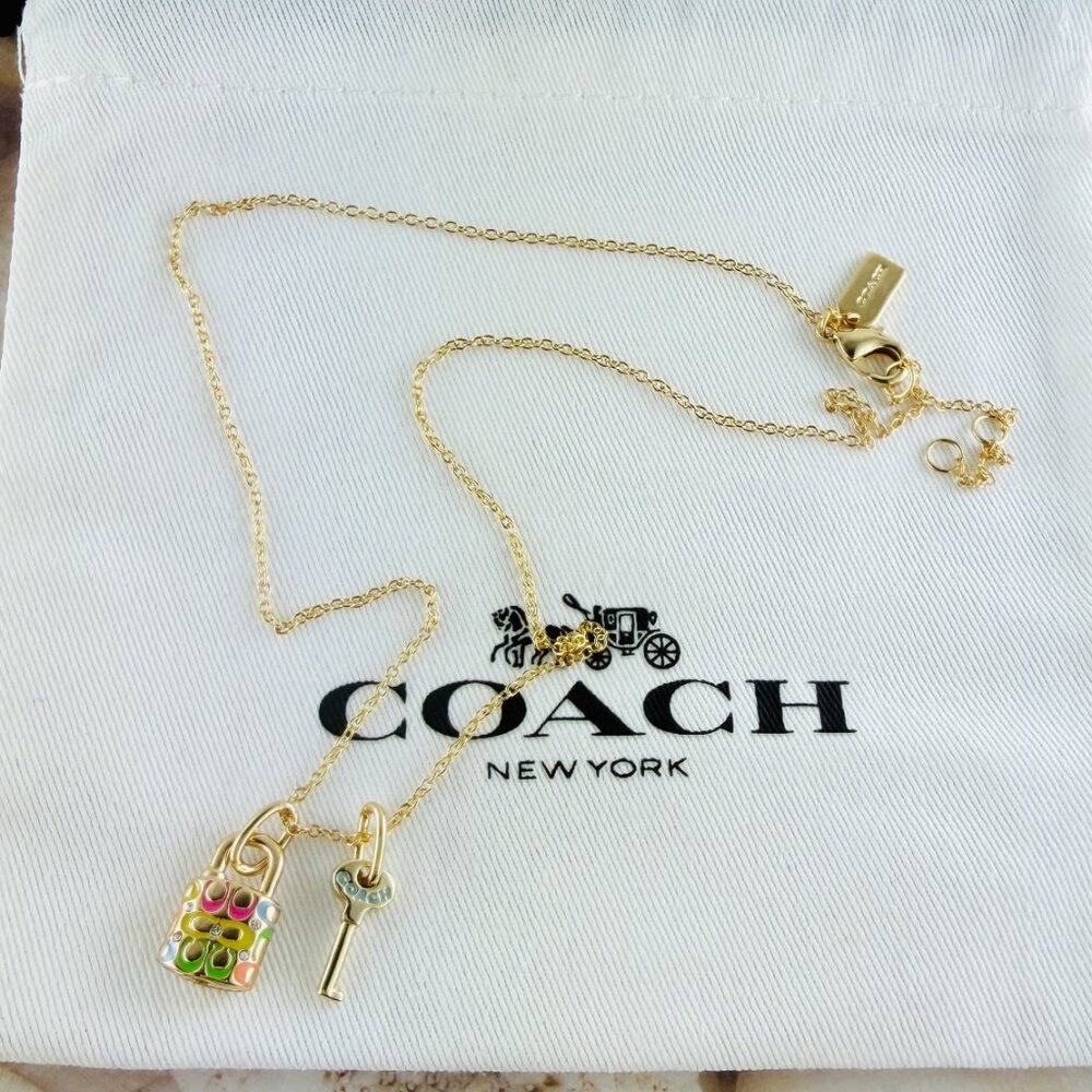 Coach Quilted Padlock Key Mismatch Rainbow gold necklace - Picture 4 of 4